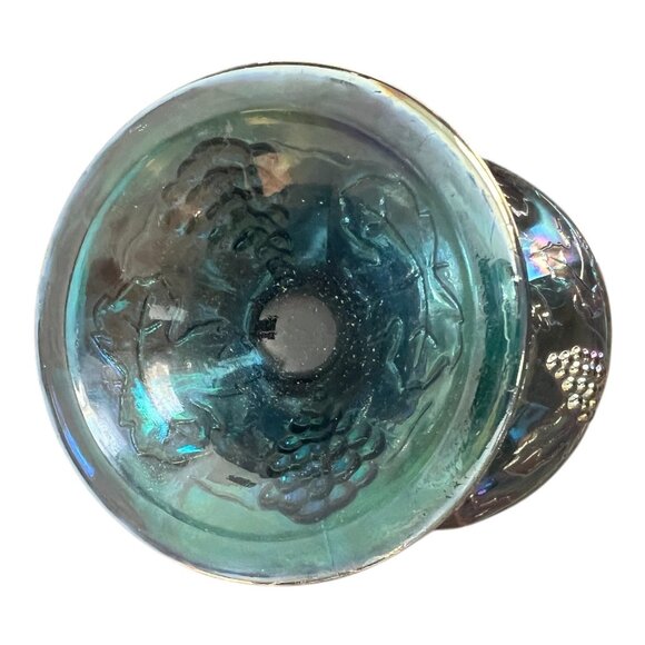 Vtg Indiana Glass Blue Iridescent Carnival Glass Pedestal Compote Candy Dish - Picture 9 of 11